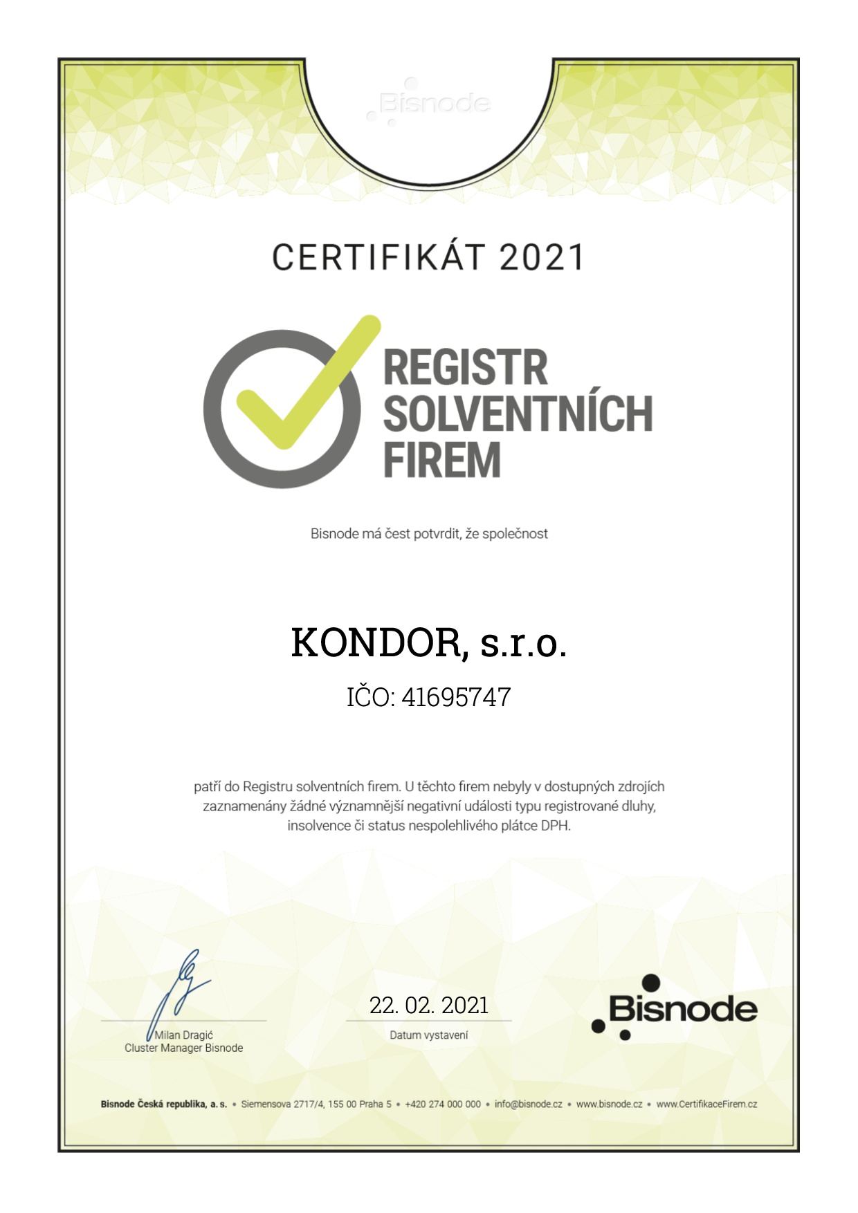 Certifikát 2020 - registr solventních firem
